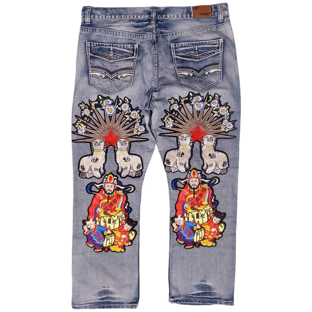 Custom Flypaper Blue Straight Jeans with Vibrant Embroidery